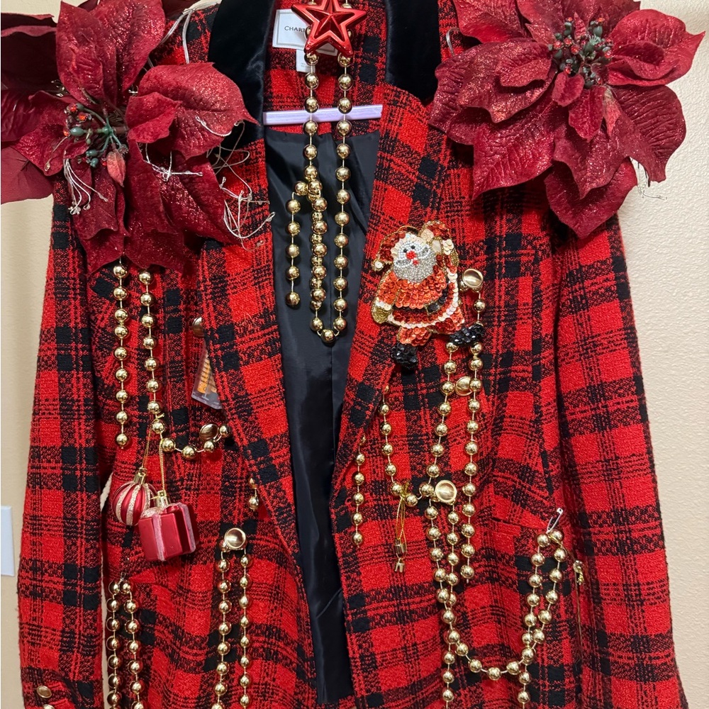 Charter Club Ugly Christmas sweater Red Plaid Embellished Blazer, unique